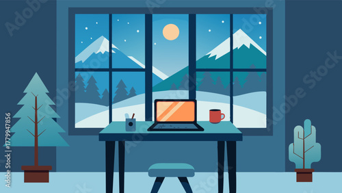 A desk by the window offering a view of the quiet winter wonderland outside while working remotely from the cabin.. Vector illustration
