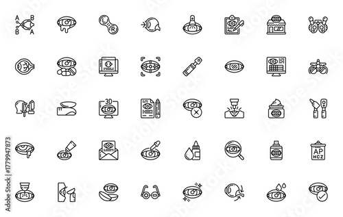 Opthalmology icon set. Minimal line vector icons. Inludes symbols for eye, conact lens, eye test, optomerist, medication, cataract eye drops, laser, prescrition and more.