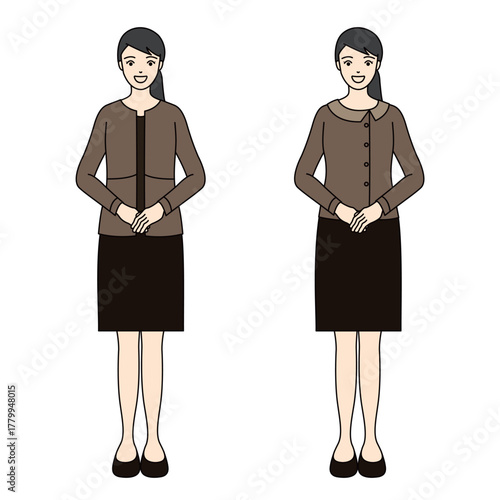 Full-body illustration of a smiling business woman in a brown suit with hands clasped