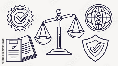 Compliance line editable icon set with thin linear vector illustrations representing regulatory compliance, corporate governance, transparency, legal standards, audit, policy, and risk management. 