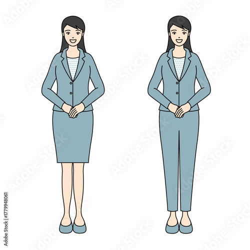 Full-body illustration of a smiling business woman in a suit with hands clasped
