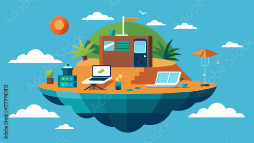 A remote floating hideaway equipped with all the necessary amenities for a productive and rejuvenating workation. Vector illustration