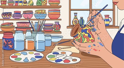 Illustration Vector Artwork of Woman Painting Colorful Pottery with Artistic Style in Creative Studio Scene