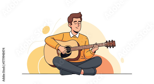 Minimalist Vector Illustration of Man Playing Guitar in Warm Colors Modern Style