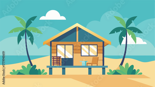 A simple but chic beach bungalow with minimalistic decor perfect for a serene and distractionfree workation.. Vector illustration