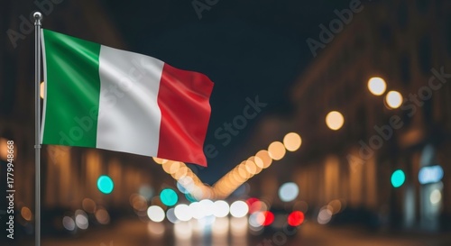 Fototapeta Naklejka Na Ścianę i Meble -  National flag of Italy waving against a blurred night city street with bokeh lights, a symbol of patriotism and national pride for Independence Day.