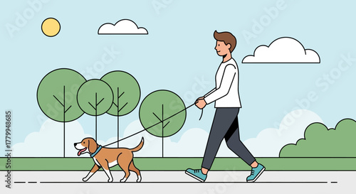 Vector Illustration of Man Walking Dog in Park in Minimalist Style with Green Trees and Blue Sky