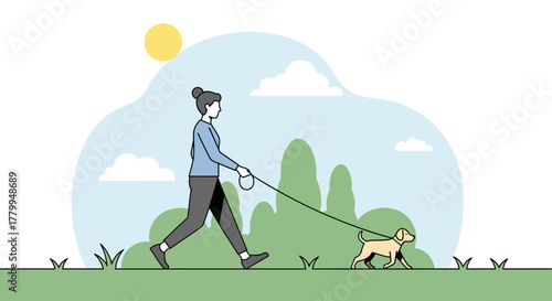 Minimalist Vector Illustration of Woman Walking Dog in Nature Scene with Soft Colors and Simple Shapes in Organic Style