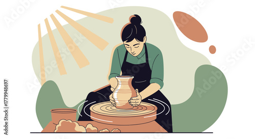 Minimalist Vector Illustration of Woman Pottery Maker with Earth Tones and Organic Shapes in Modern Artistic Style