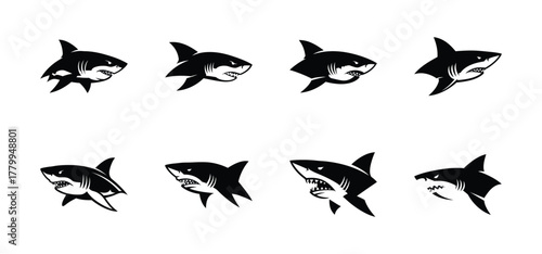 Shark Icons A Collection of Black and White Illustrations for Design and Graphics