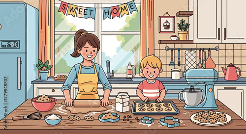 Vector Illustration of Family Baking Scene in Modern Flat Style with Cozy Kitchen Environment