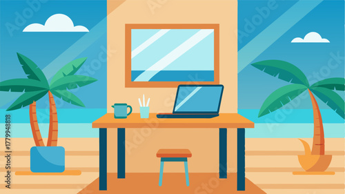 A laptop od on a beach themed desk inside a modern and airy beach bungalow.. Vector illustration