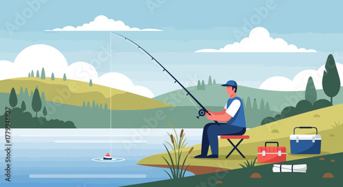 Minimalist Vector Illustration of Man Fishing by Lake in Serene Nature Scene with Trees and Clouds in Calm Blue and Green Colors