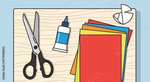 Vector Illustration of Craft Supplies with Paper Scissors Glue and Colored Paper in Minimalist Style