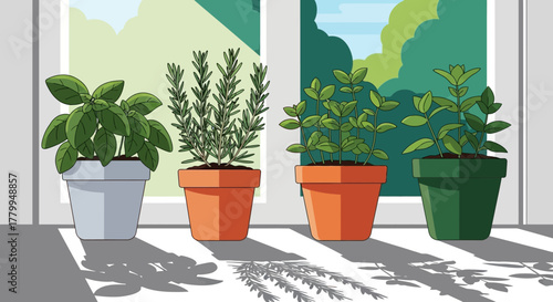 Vector Illustration of Indoor Potted Plants in Modern Minimalist Style with Green Foliage and Bright Natural Colors