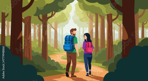 Vector Illustration of Hiking Couple Walking in Forest in Modern Flat Style with Green and Brown Tones
