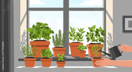 Vector Illustration of Indoor Garden with Potted Plants in Modern Minimalist Style Featuring Green Foliage and Neutral Colors