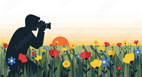 Vector Illustration of Photographer Filming Flowers with Sunset in Modern Minimalist Style Featuring Bright Colors