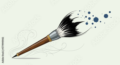Vector Illustration of Artistic Paintbrush with Ink Spatter in Modern Minimalist Style