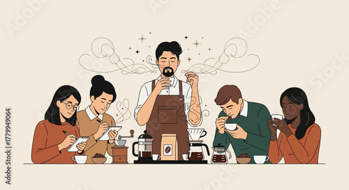 Minimalist Vector Illustration of Coffee Tasting Scene with Diverse People and Barista in Modern Style