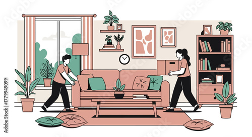 Vector Illustration of Living Room Scene with Two Women in Minimalist Modern Style Featuring Plants and Furniture in Soft Pastel Colors
