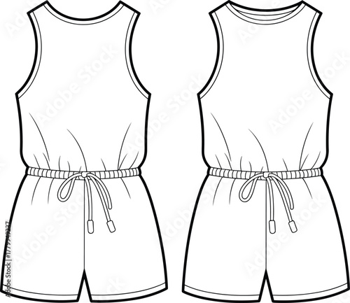 Sleeveless romper, fashion sketch, elastic waist design, round neckline, drawstring tie, metal aglets, casual wear, garment illustration, technical drawing, summer outfit, stylish shorts