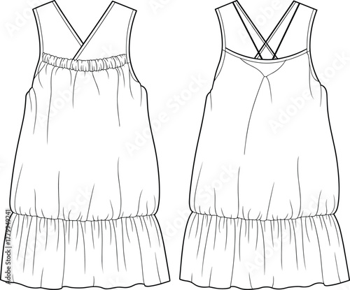 Sleeveless summer dress, fashion illustration, tiered skirt design, crisscross back straps, V-neckline front, casual wear, garment sketch, technical drawing, lightweight outfit, relaxed silhouette