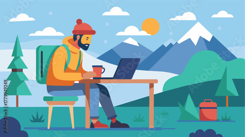 A hiker adorned in outdoor gear takes a break from nature to refuel at the remote coffee shop typing up their trip updates.. Vector illustration