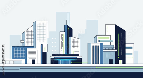 Modern Cityscape Vector Illustration of Skyscrapers with Geometric Design Style in Cool Blue Tones