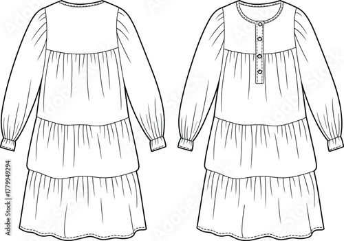 Tiered dress sketch, fashion flat illustration, gathered sleeve design, button placket detail, front and back view, sewing pattern template, loose silhouette garment, vector fashion drawing