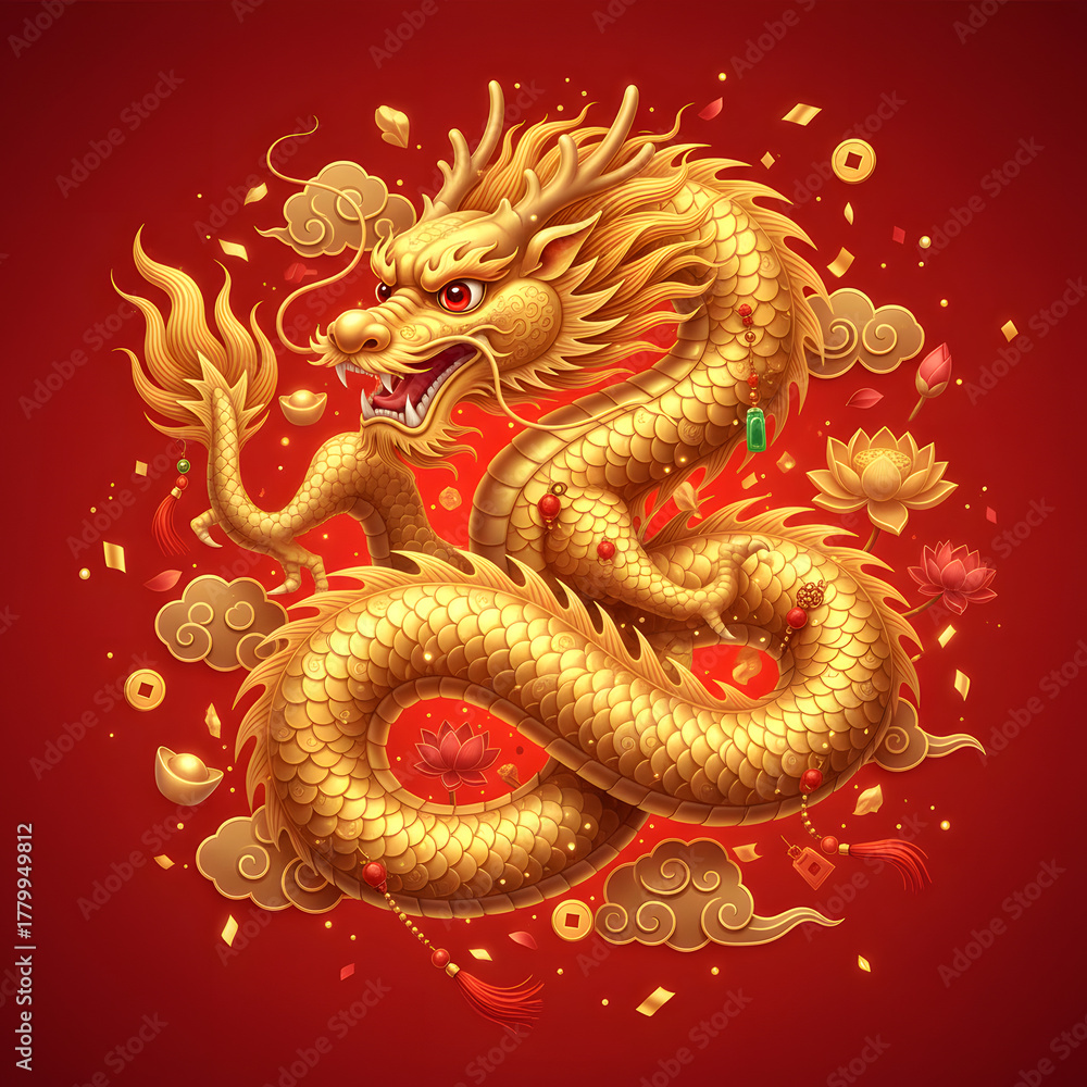 Obraz premium Golden Dragon on Red Background – Traditional Chinese New Year