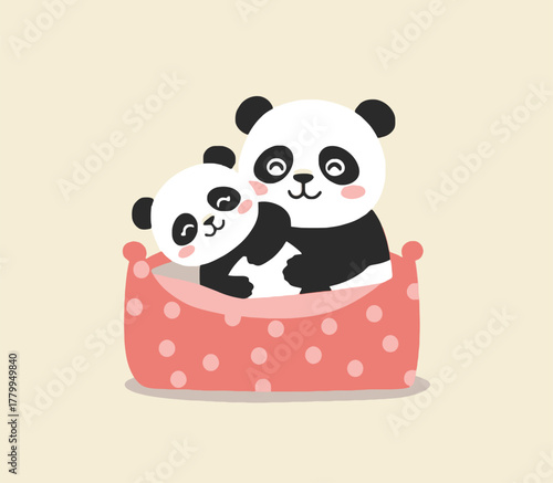 Cute vector art of two smiling pandas snuggled up together. The adult panda is holding the smaller cub close within a decorative pink container. The focus is on the warm bond and affection between the