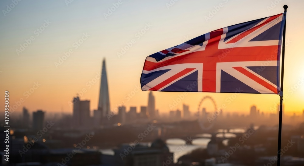 Naklejka premium Union Jack flag flying high over London city skyline at sunset. National symbol represents Great Britain patriotic holiday and unity.