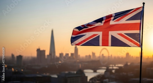 Union Jack flag flying high over London city skyline at sunset. National symbol represents Great Britain patriotic holiday and unity.