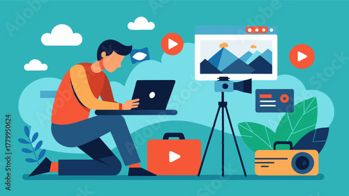 A photographer uploading photos to their portfolio website from a remote location thanks to a reliable hotspot device.. Vector illustration