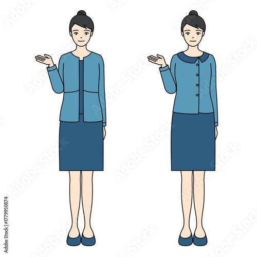 Full-body illustration of a smiling business woman in a blue suit pointing or guiding