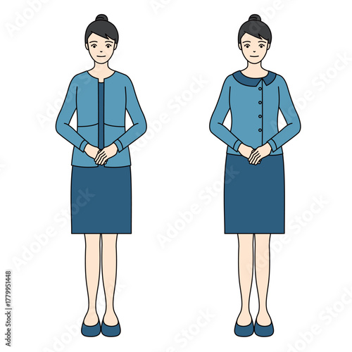 Full-body illustration of a smiling business woman in a blue suit with hands clasped