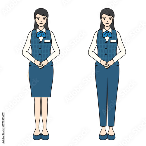 Full-body illustration of a smiling business woman in a uniform with hands clasped