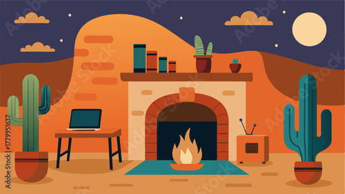 A charming adobe fireplace adds to the cozy ambiance of the house making it an inviting space to work in during chilly desert evenings.. Vector illustration