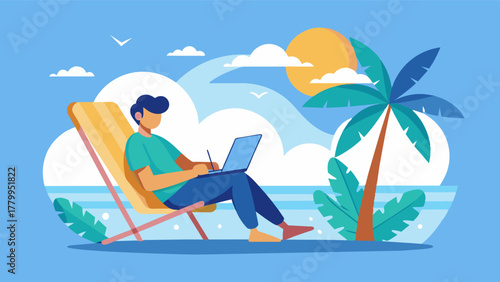 A graphic designer sketches out new logo ideas while lounging in a cozy beach chair the tranquil ocean stretching out in front of them.. Vector illustration