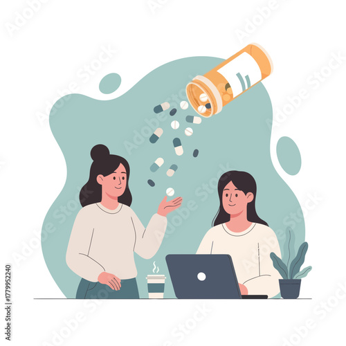 Two Women with Laptop and Pills Bottle Capsules and Tablets Falling.