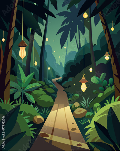 A hidden rainforest trail brought to life by the ling solarpowered lights tered throughout the path.. Vector illustration