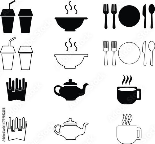 Food and beverage icons set black and white outline and solid silhouettes for cafe menu or app