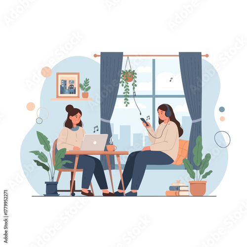 Two Women Relaxing Indoors One Working on Laptop Other Listening to Music.