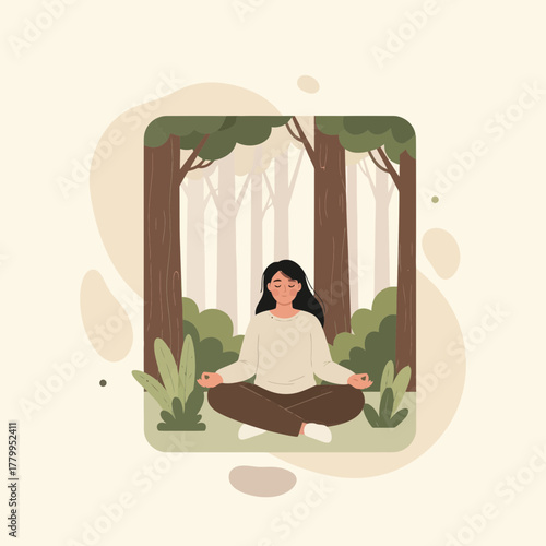 Woman Meditating in Forest Serene Expression Brown Pants Cream Sweater.