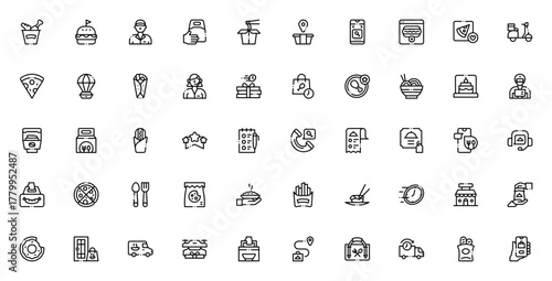 Food Delivery icon set. Vector illustration. Include symbols for burger, pizza ramen, delivery man, motobike, online order, fast dlivery, restaurant and mor.
