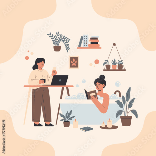 Woman Relaxing in Bathtub Reading Book Surrounded by Bubbles and Candles.