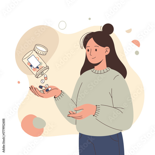 Woman with Pills Cartoon Style Illustration of Medication Management.