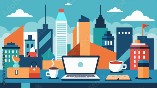 A busy city rooftop transforms into an outdoor workspace with a laptop and cappuccino taking center stage amidst the hustle and bustle.. Vector illustration