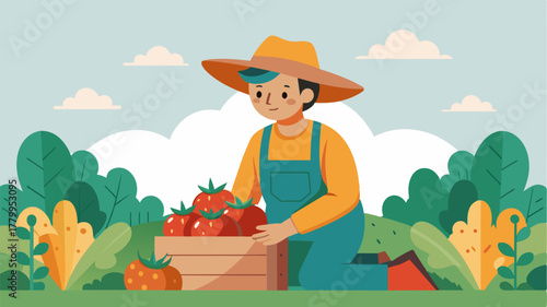 A freelancer takes a break from their work to tend to the farms vegetable garden. Wearing wellworn overalls and a widebrimmed hat they carefully pluck ripe tomatoes and crisp. Vector illustration